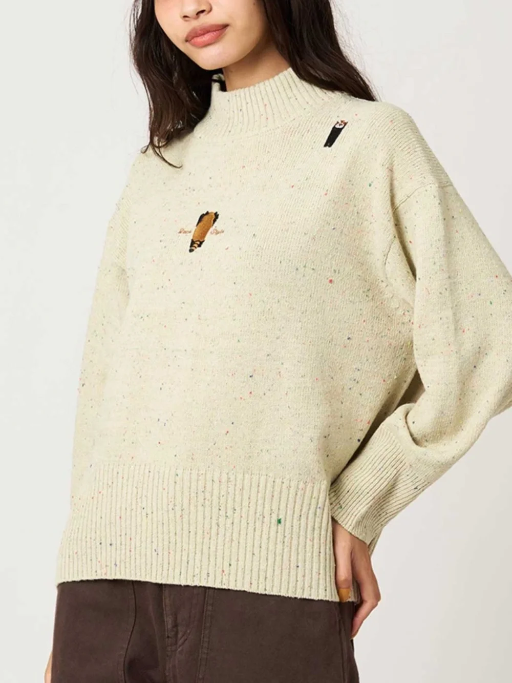 NWT Graniph High-Neck Cream Knit Sweater Red Panda Embroidery Medium